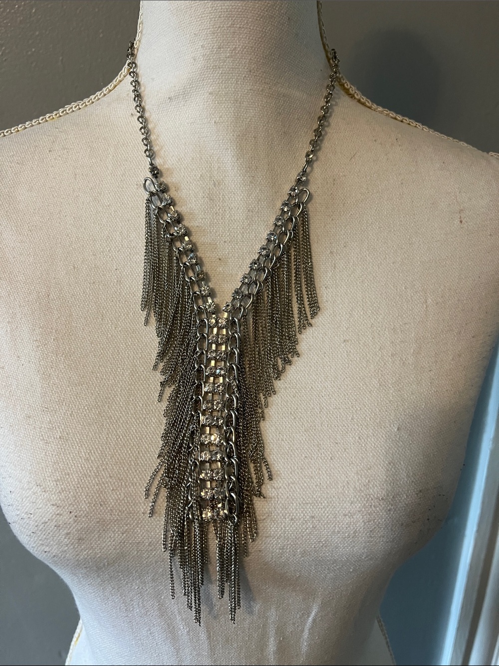 Silver Fringe Tassel Necklace with Center Crystal Accents